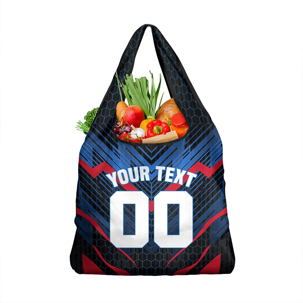 Personalized Antigua And Barbuda Cricket Falcons Grocery Bag Abstract Hexagon Pattern Sport