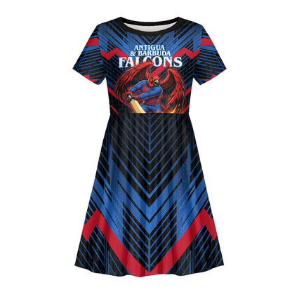Personalized Antigua And Barbuda Cricket Falcons Kid Short Sleeve Dress Abstract Hexagon Pattern Sport