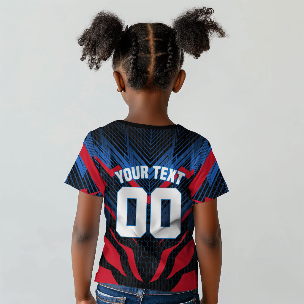 Personalized Antigua And Barbuda Cricket Falcons Kid T shirt Abstract Hexagon Pattern Sport