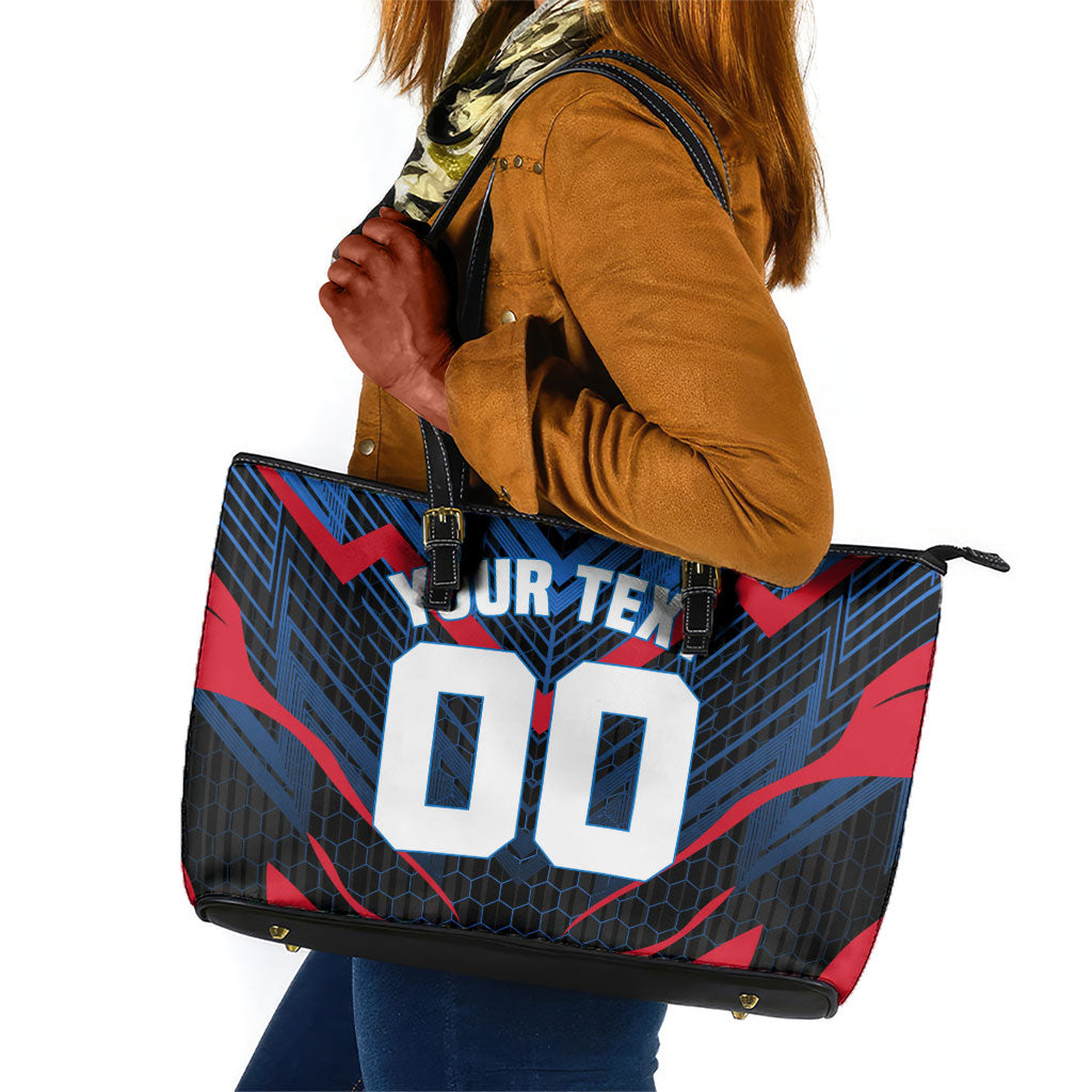 Personalized Antigua And Barbuda Cricket Falcons Leather Tote Bag Abstract Hexagon Pattern Sport