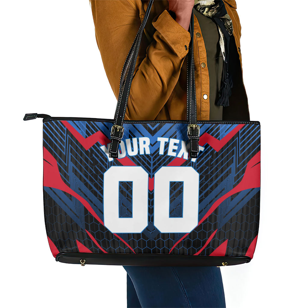 Personalized Antigua And Barbuda Cricket Falcons Leather Tote Bag Abstract Hexagon Pattern Sport