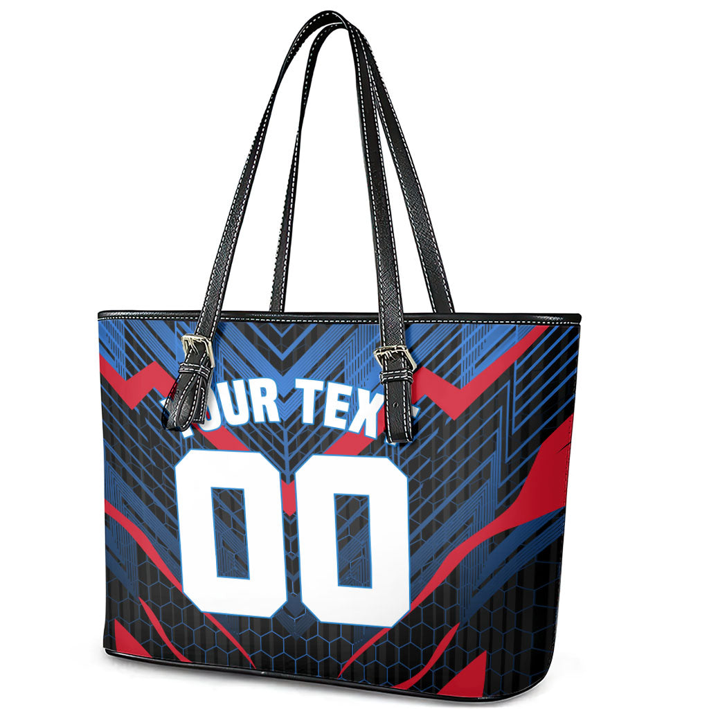 Personalized Antigua And Barbuda Cricket Falcons Leather Tote Bag Abstract Hexagon Pattern Sport