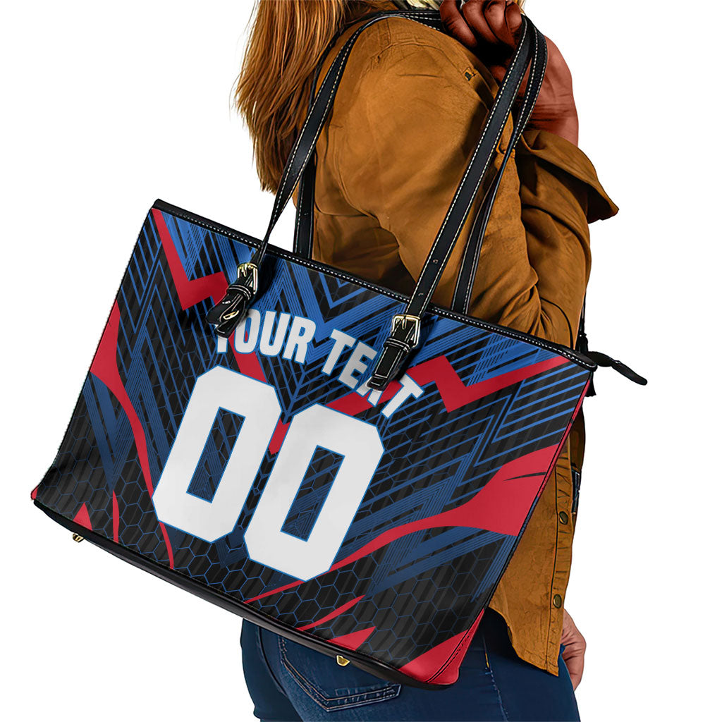 Personalized Antigua And Barbuda Cricket Falcons Leather Tote Bag Abstract Hexagon Pattern Sport