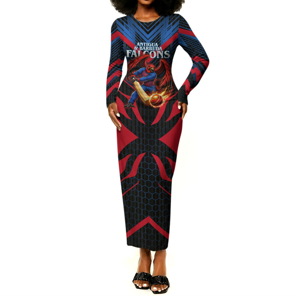 Personalized Antigua And Barbuda Cricket Falcons Long Sleeve Bodycon Dress Abstract Hexagon Pattern Sport