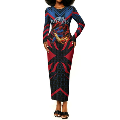 Personalized Antigua And Barbuda Cricket Falcons Long Sleeve Bodycon Dress Abstract Hexagon Pattern Sport