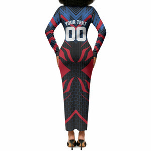 Personalized Antigua And Barbuda Cricket Falcons Long Sleeve Bodycon Dress Abstract Hexagon Pattern Sport