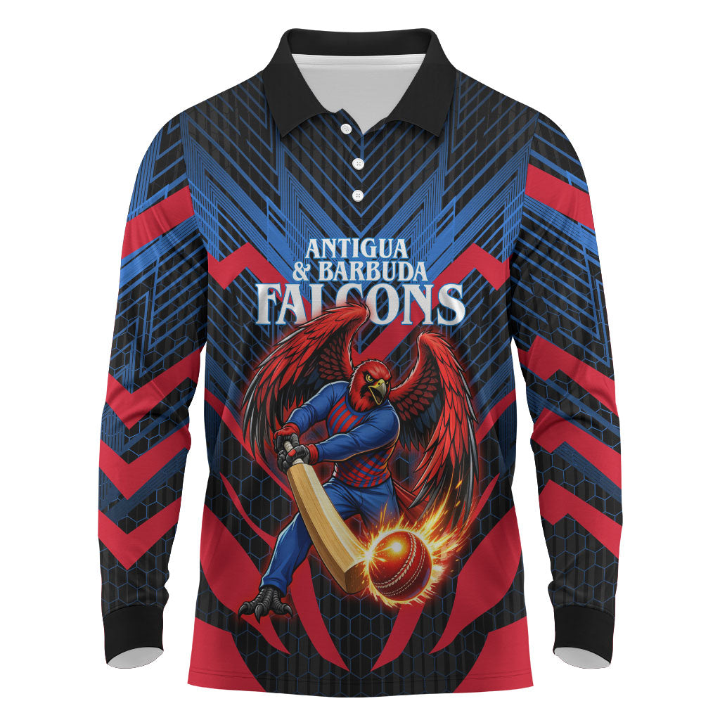 Personalized Antigua And Barbuda Cricket Falcons Long Sleeve Polo Shirt Abstract Hexagon Pattern Sport