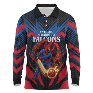 Personalized Antigua And Barbuda Cricket Falcons Long Sleeve Polo Shirt Abstract Hexagon Pattern Sport
