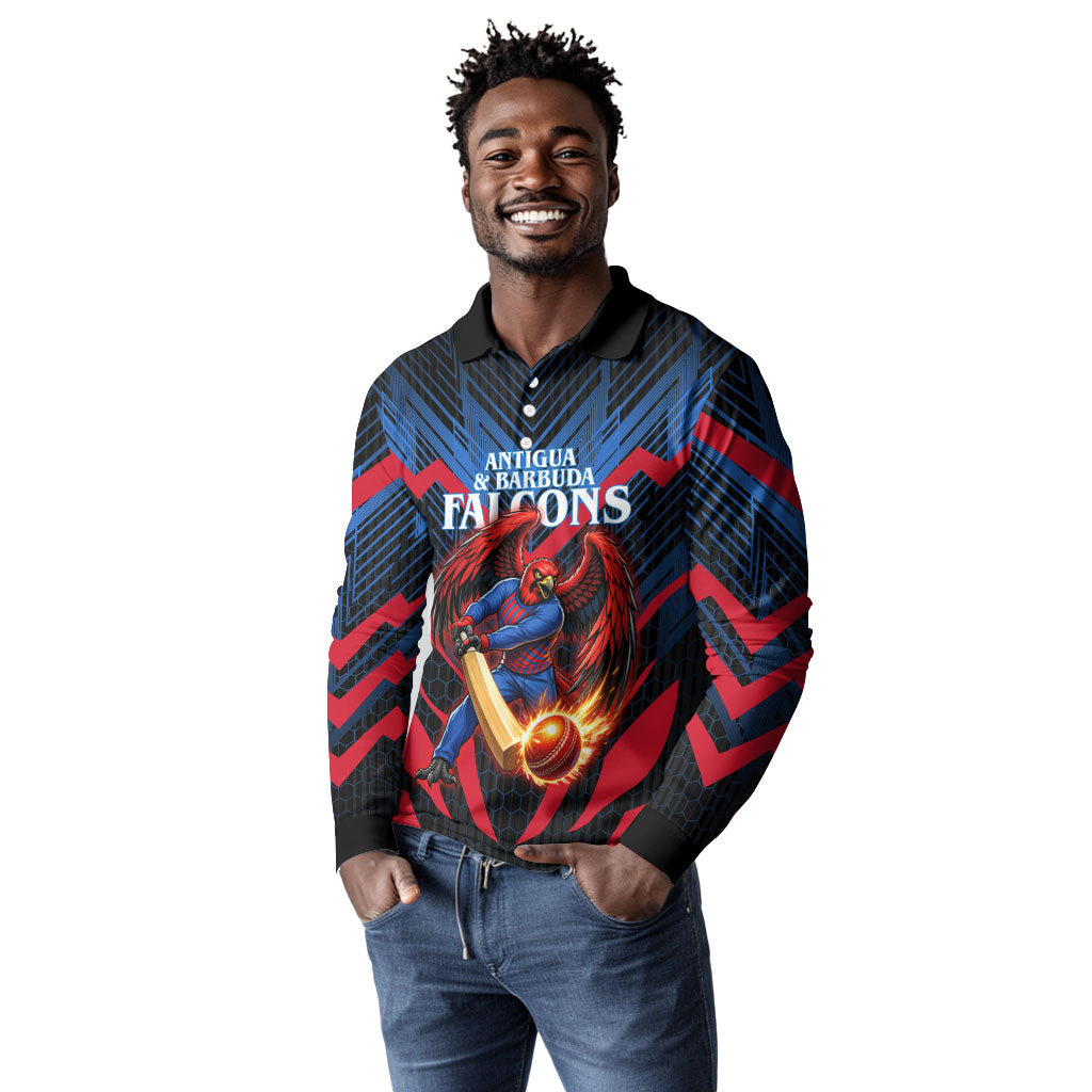 Personalized Antigua And Barbuda Cricket Falcons Long Sleeve Polo Shirt Abstract Hexagon Pattern Sport