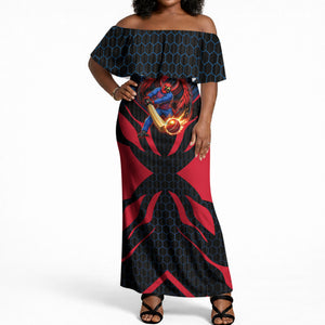 Personalized Antigua And Barbuda Cricket Falcons Off Shoulder Maxi Dress Abstract Hexagon Pattern Sport