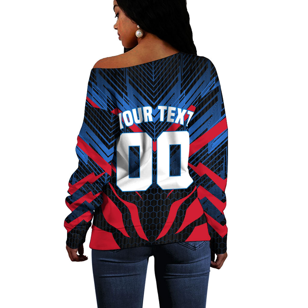 Personalized Antigua And Barbuda Cricket Falcons Off Shoulder Sweater Abstract Hexagon Pattern Sport