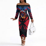 Personalized Antigua And Barbuda Cricket Falcons Off The Shoulder Long Sleeve Dress Abstract Hexagon Pattern Sport