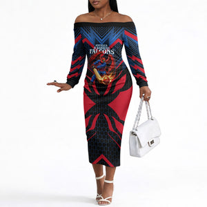 Personalized Antigua And Barbuda Cricket Falcons Off The Shoulder Long Sleeve Dress Abstract Hexagon Pattern Sport