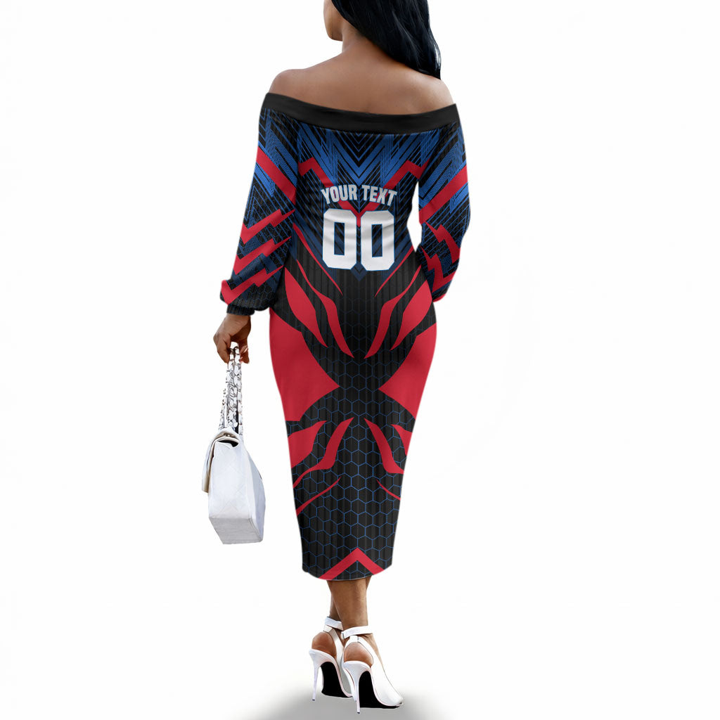 Personalized Antigua And Barbuda Cricket Falcons Off The Shoulder Long Sleeve Dress Abstract Hexagon Pattern Sport