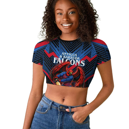 Personalized Antigua And Barbuda Cricket Falcons Raglan Cropped T shirt Abstract Hexagon Pattern Sport