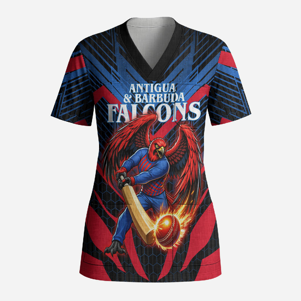 Personalized Antigua And Barbuda Cricket Falcons Scrub Top Abstract Hexagon Pattern Sport