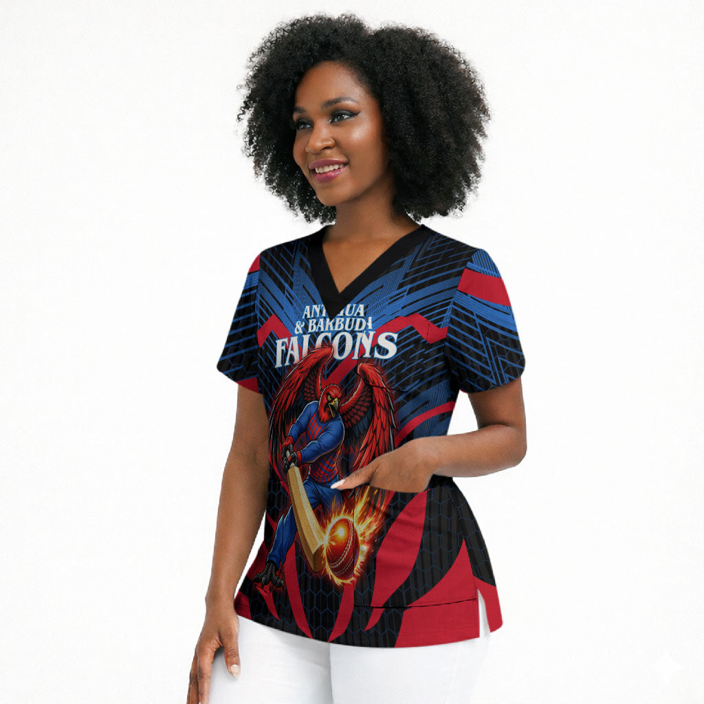 Personalized Antigua And Barbuda Cricket Falcons Scrub Top Abstract Hexagon Pattern Sport