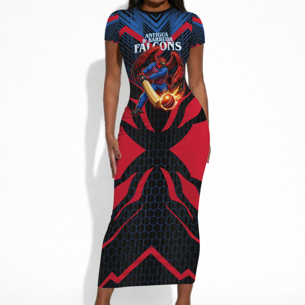 Personalized Antigua And Barbuda Cricket Falcons Short Sleeve Bodycon Dress Abstract Hexagon Pattern Sport