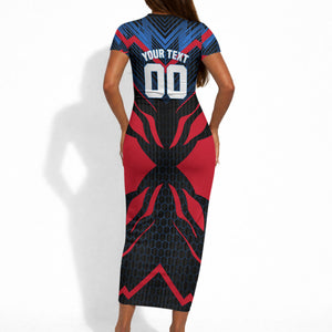 Personalized Antigua And Barbuda Cricket Falcons Short Sleeve Bodycon Dress Abstract Hexagon Pattern Sport