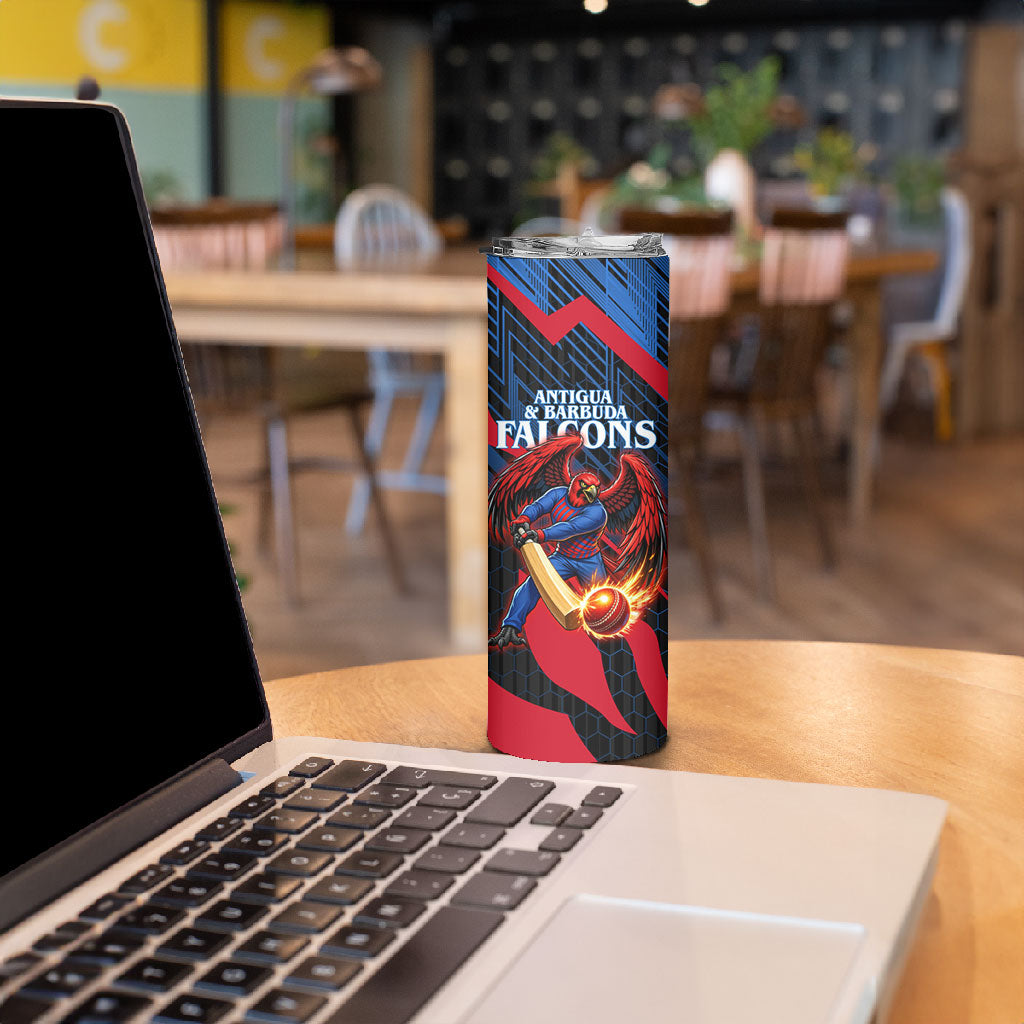 Personalized Antigua And Barbuda Cricket Falcons Skinny Tumbler Abstract Hexagon Pattern Sport