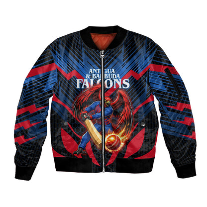 Personalized Antigua And Barbuda Cricket Falcons Sleeve Zip Bomber Jacket Abstract Hexagon Pattern Sport
