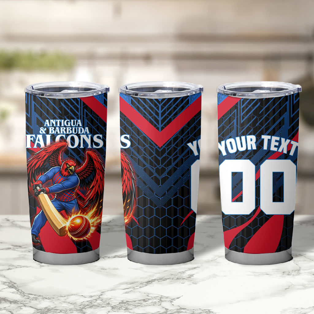 Personalized Antigua And Barbuda Cricket Falcons Tumbler Cup Abstract Hexagon Pattern Sport