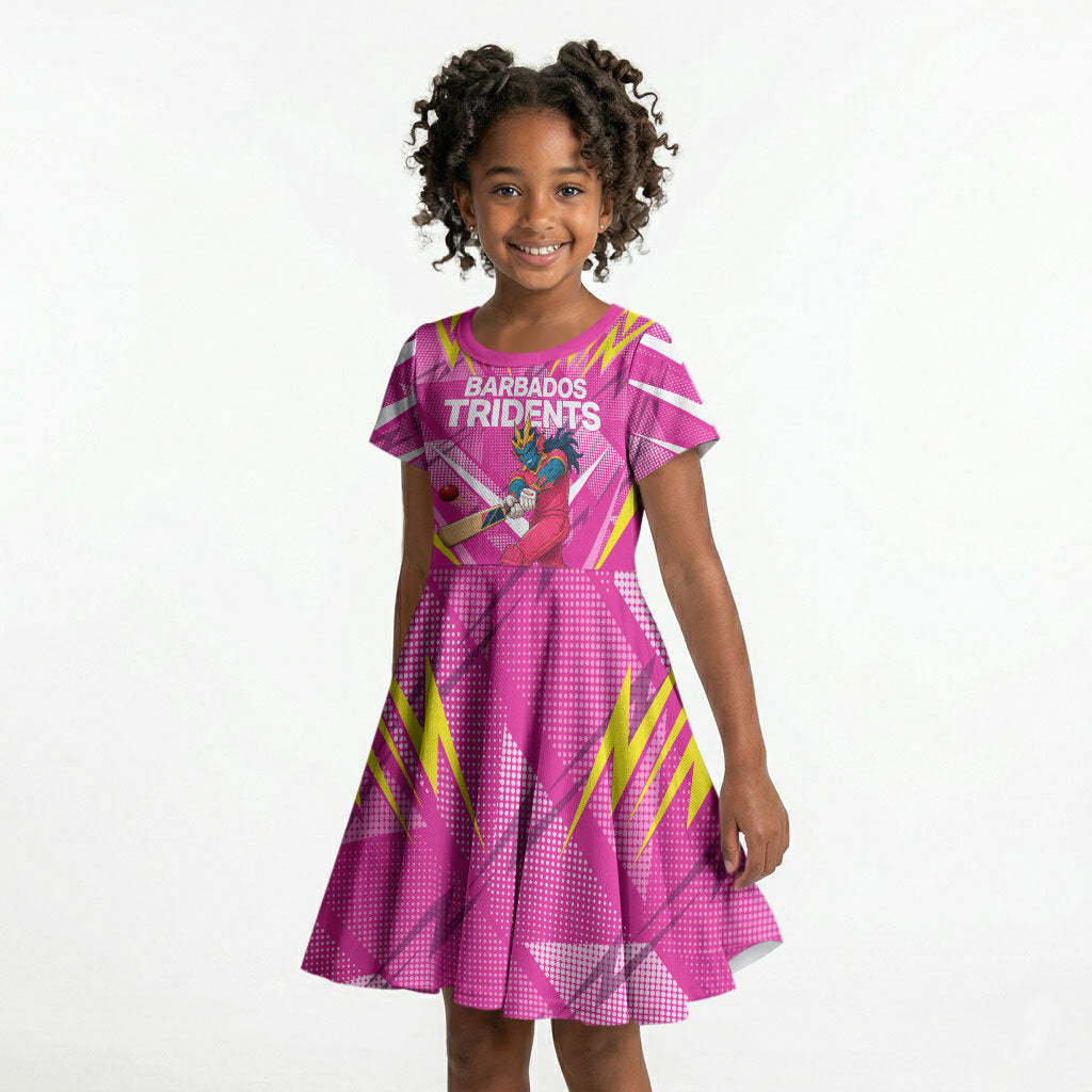 Personalized Barbados Tridents Kid Short Sleeve Dress Cricket Mascot Dynamic Anime Art