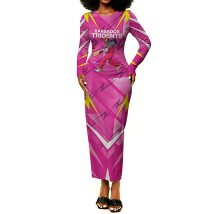 Personalized Barbados Tridents Long Sleeve Bodycon Dress Cricket Mascot Dynamic Anime Art