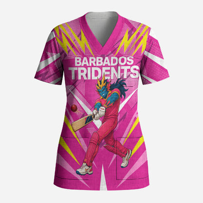 Personalized Barbados Tridents Scrub Top Cricket Mascot Dynamic Anime Art