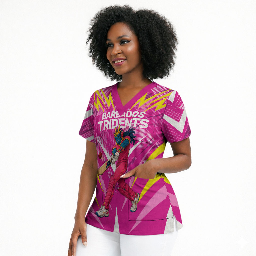 Personalized Barbados Tridents Scrub Top Cricket Mascot Dynamic Anime Art