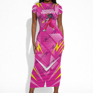 Personalized Barbados Tridents Short Sleeve Bodycon Dress Cricket Mascot Dynamic Anime Art