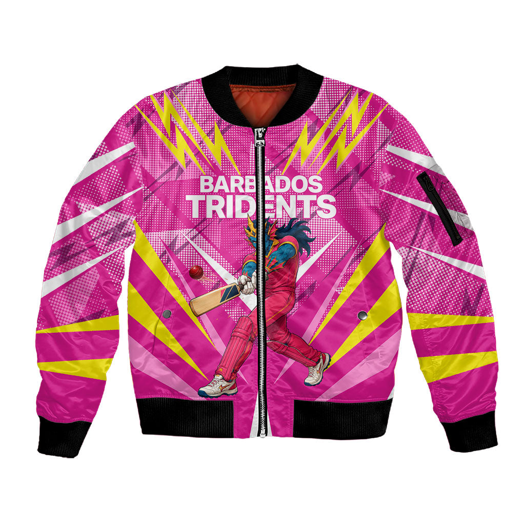 Personalized Barbados Tridents Sleeve Zip Bomber Jacket Cricket Mascot Dynamic Anime Art