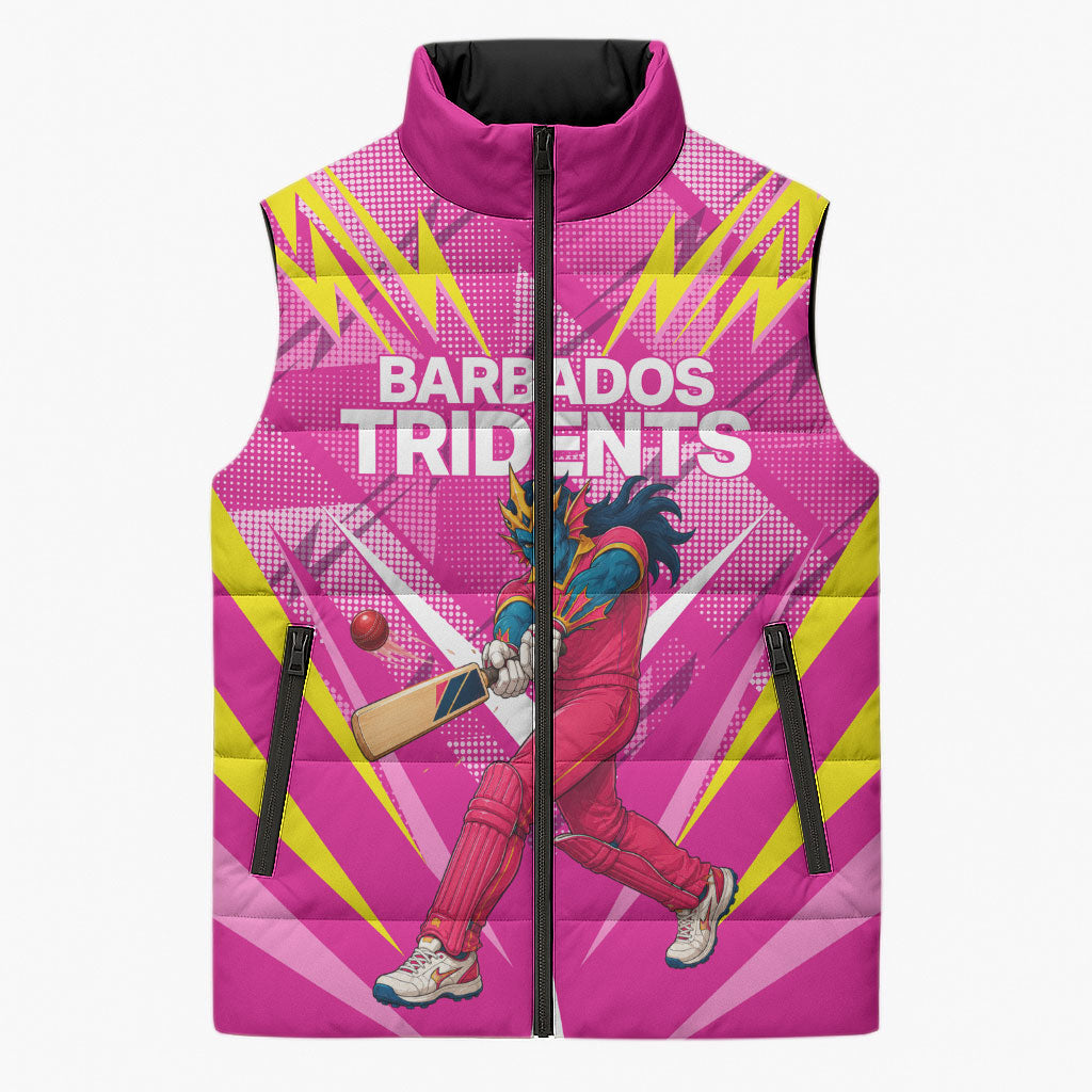Personalized Barbados Tridents Sleeveless Puffer Jacket Cricket Mascot Dynamic Anime Art