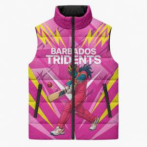 Personalized Barbados Tridents Sleeveless Puffer Jacket Cricket Mascot Dynamic Anime Art