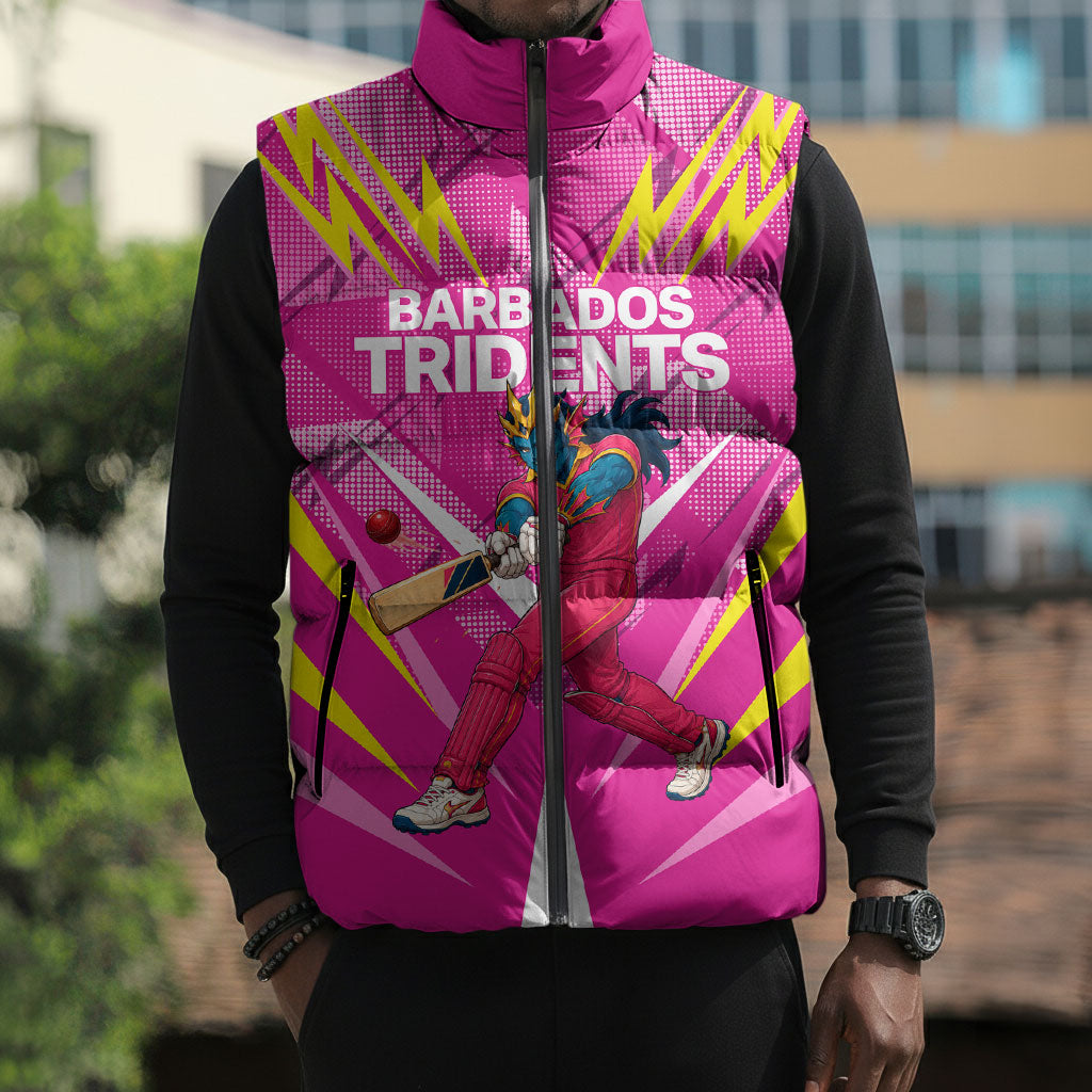 Personalized Barbados Tridents Sleeveless Puffer Jacket Cricket Mascot Dynamic Anime Art