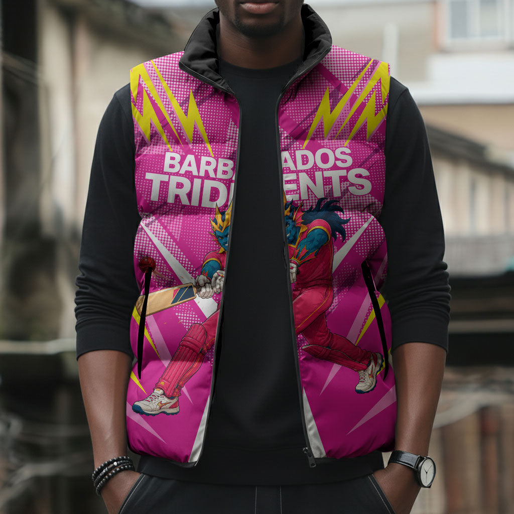 Personalized Barbados Tridents Sleeveless Puffer Jacket Cricket Mascot Dynamic Anime Art
