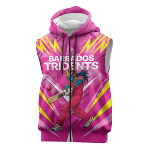 Personalized Barbados Tridents Sleeveless Zip Hoodie Cricket Mascot Dynamic Anime Art