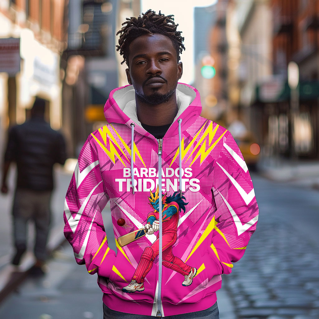 Personalized Barbados Tridents Zip Hoodie Cricket Mascot Dynamic Anime Art