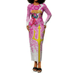 Personalized Barbados Tridents Cricket Long Sleeve Bodycon Dress Trident Graphic Splash Pattern Caribbean Sport