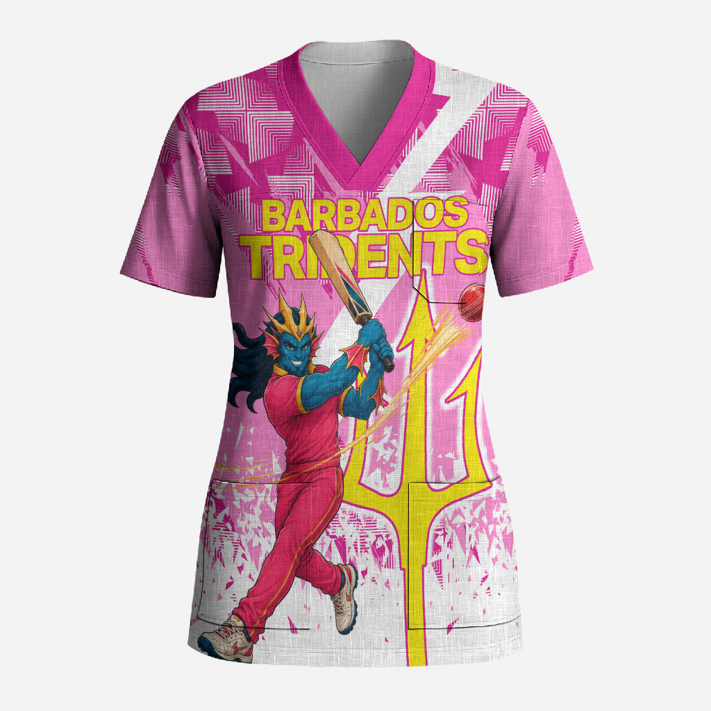 Personalized Barbados Tridents Cricket Scrub Top Trident Graphic Splash Pattern Caribbean Sport