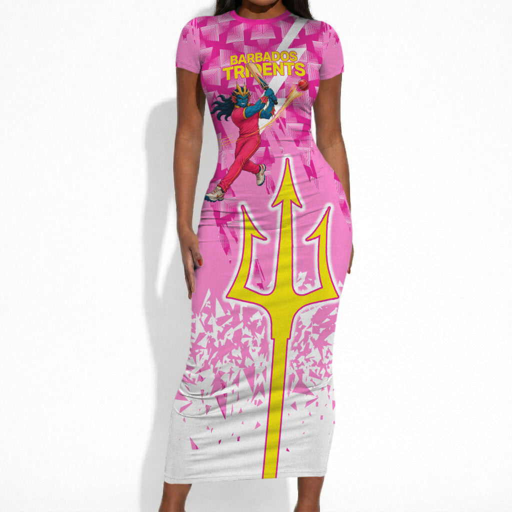 Personalized Barbados Tridents Cricket Short Sleeve Bodycon Dress Trident Graphic Splash Pattern Caribbean Sport