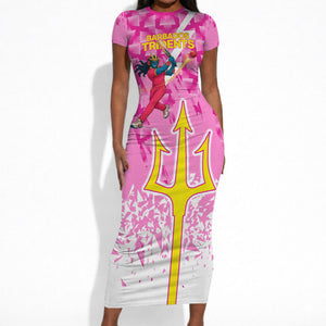 Personalized Barbados Tridents Cricket Short Sleeve Bodycon Dress Trident Graphic Splash Pattern Caribbean Sport