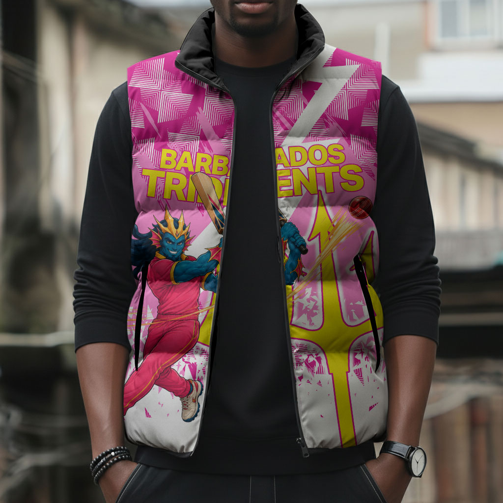 Personalized Barbados Tridents Cricket Sleeveless Puffer Jacket Trident Graphic Splash Pattern Caribbean Sport