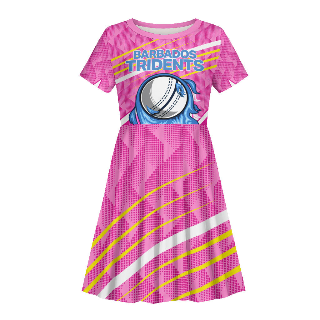 Personalized Barbados Cricket Tridents Kid Short Sleeve Dress Graphic Geometric Dynamic Sports Mascot
