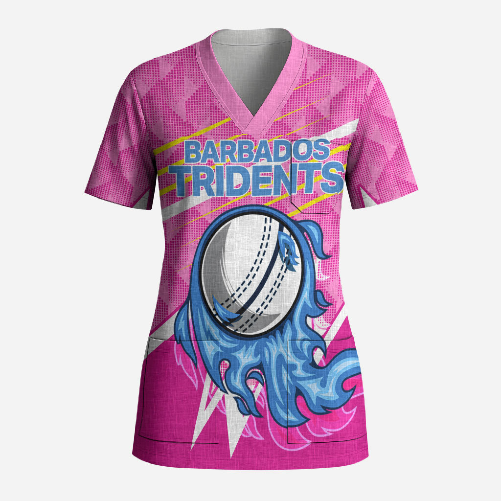 Personalized Barbados Cricket Tridents Scrub Top Graphic Geometric Dynamic Sports Mascot