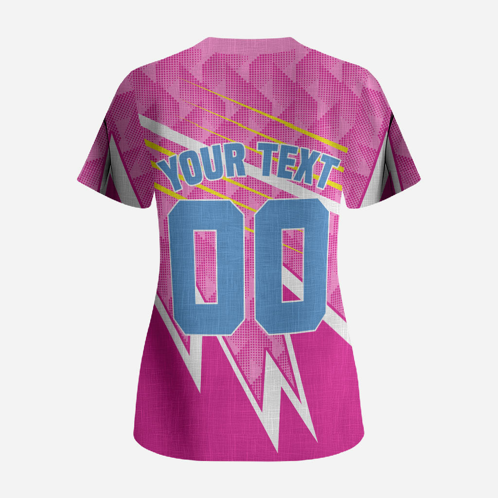 Personalized Barbados Cricket Tridents Scrub Top Graphic Geometric Dynamic Sports Mascot