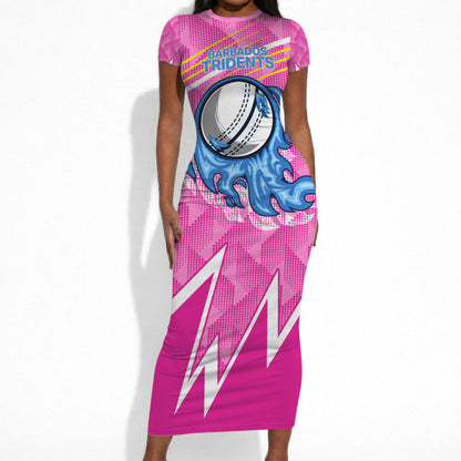 Personalized Barbados Cricket Tridents Short Sleeve Bodycon Dress Graphic Geometric Dynamic Sports Mascot