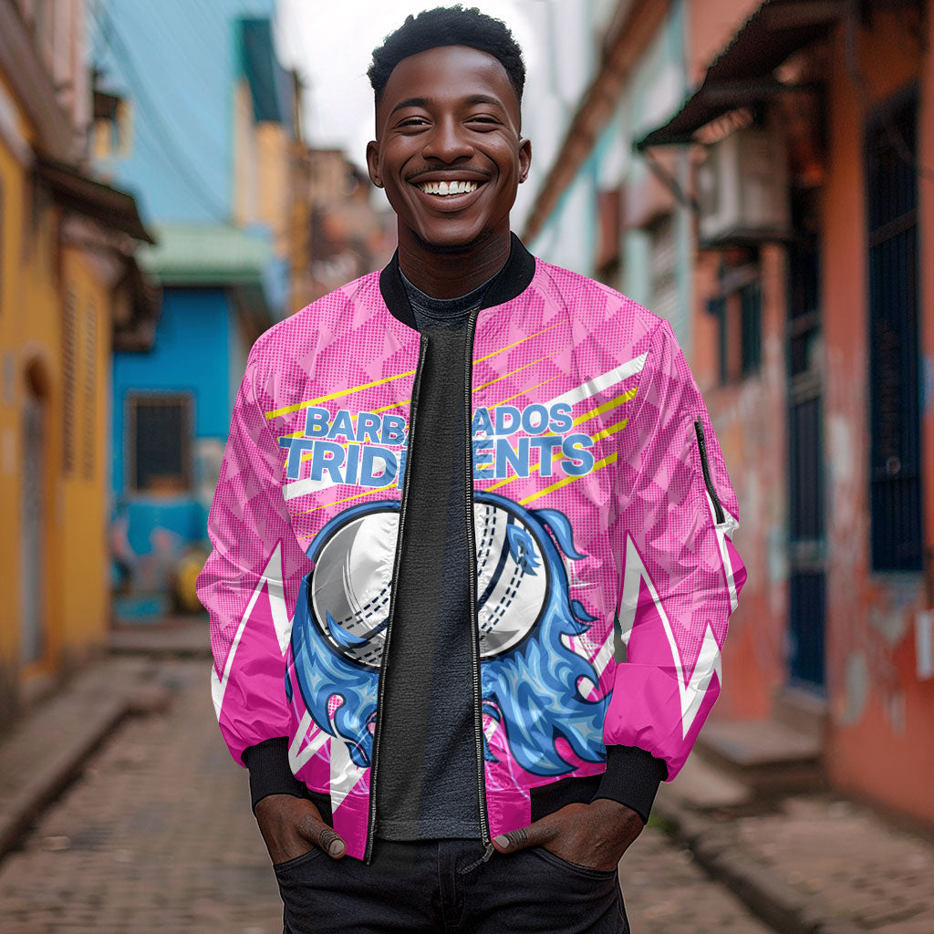 Personalized Barbados Cricket Tridents Sleeve Zip Bomber Jacket Graphic Geometric Dynamic Sports Mascot