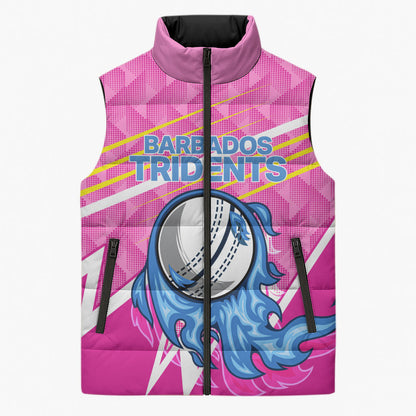 Personalized Barbados Cricket Tridents Sleeveless Puffer Jacket Graphic Geometric Dynamic Sports Mascot