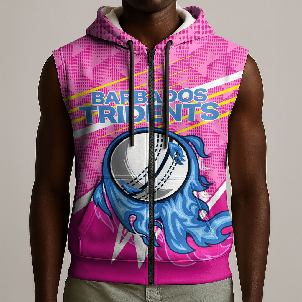Personalized Barbados Cricket Tridents Sleeveless Zip Hoodie Graphic Geometric Dynamic Sports Mascot
